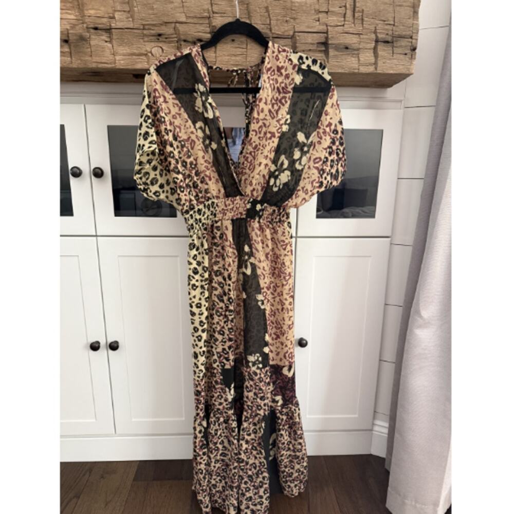 Blue Island Bohemian Leopard Floral Sheer Plunge Maxi Cover-Up Sz M